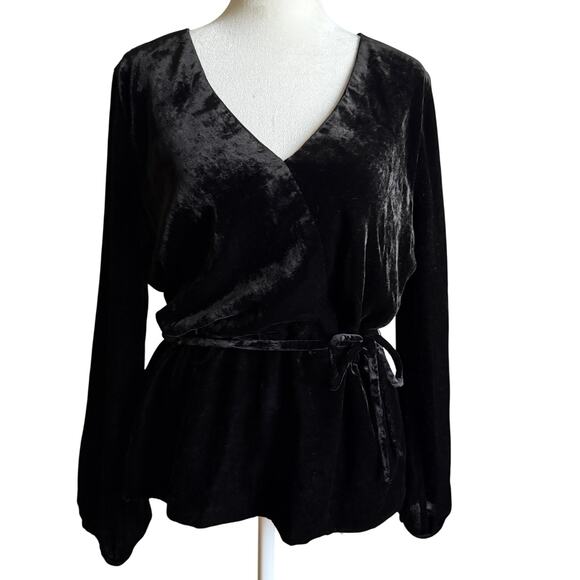 J.CREW | Black Velvet Faux Wrap Tie Waist V Neck Top Blouson Sleeves | Size 8 - Picture 1 of 8